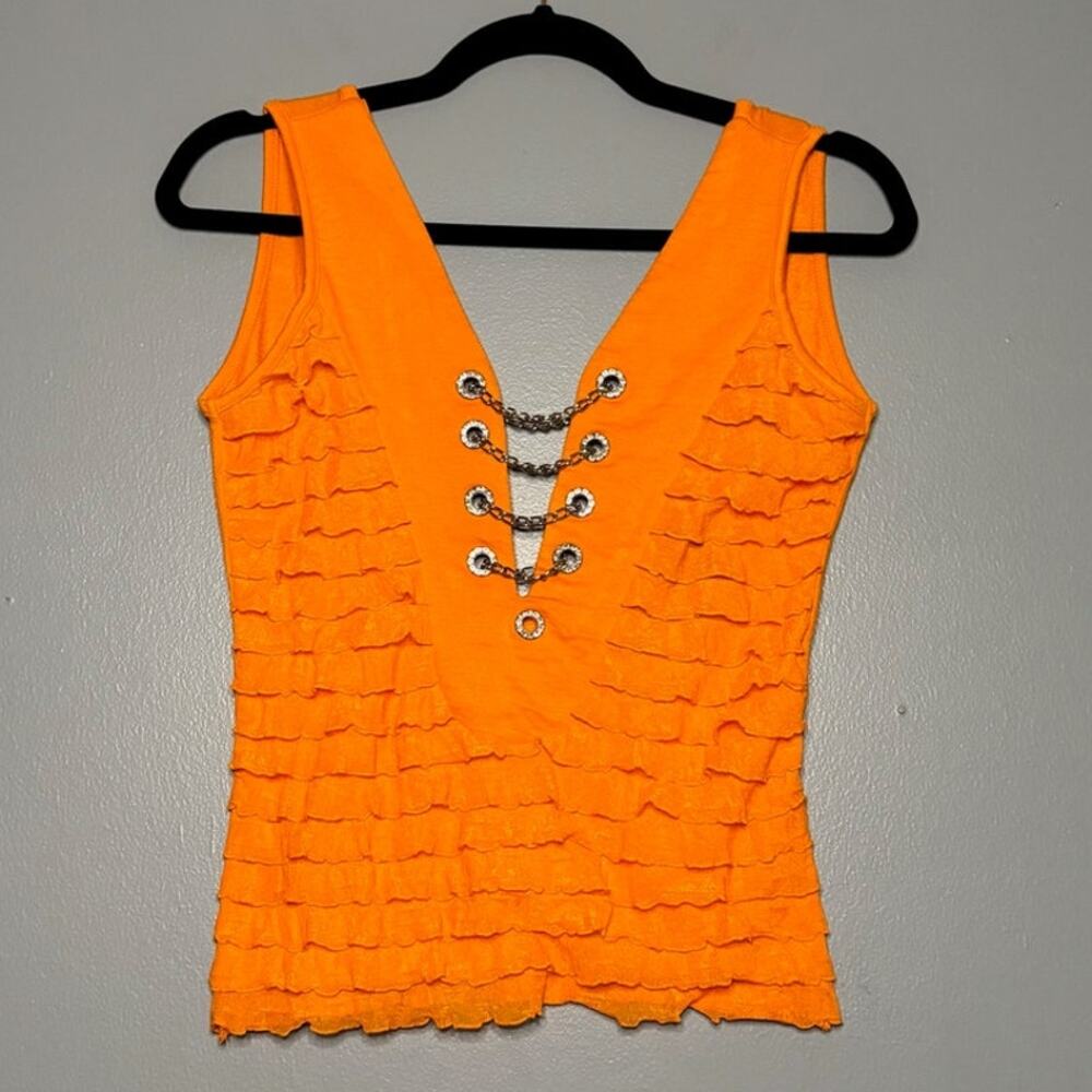Biker's Club Large Tank Top Orange Ruffle Chain Deep V Open Back Rhinestone